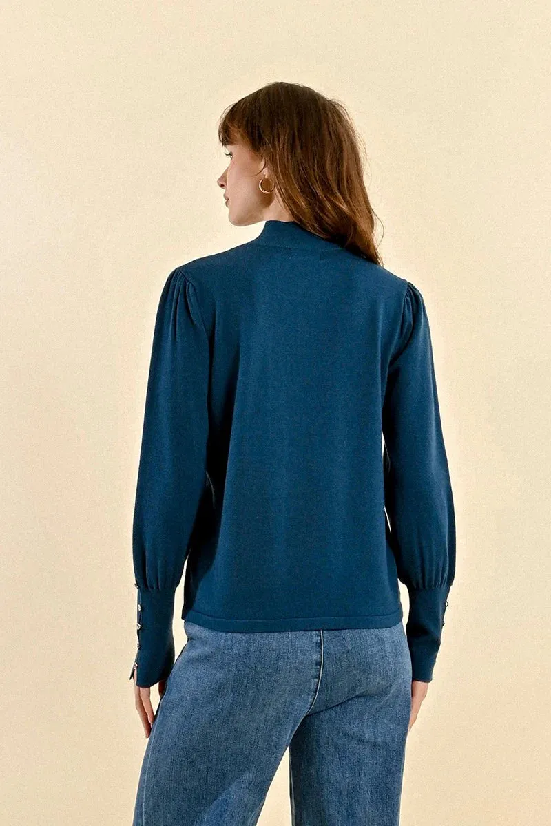 1619 -  Viscose Sweater with Button Detail- Petrol Blue - Molly Bracken