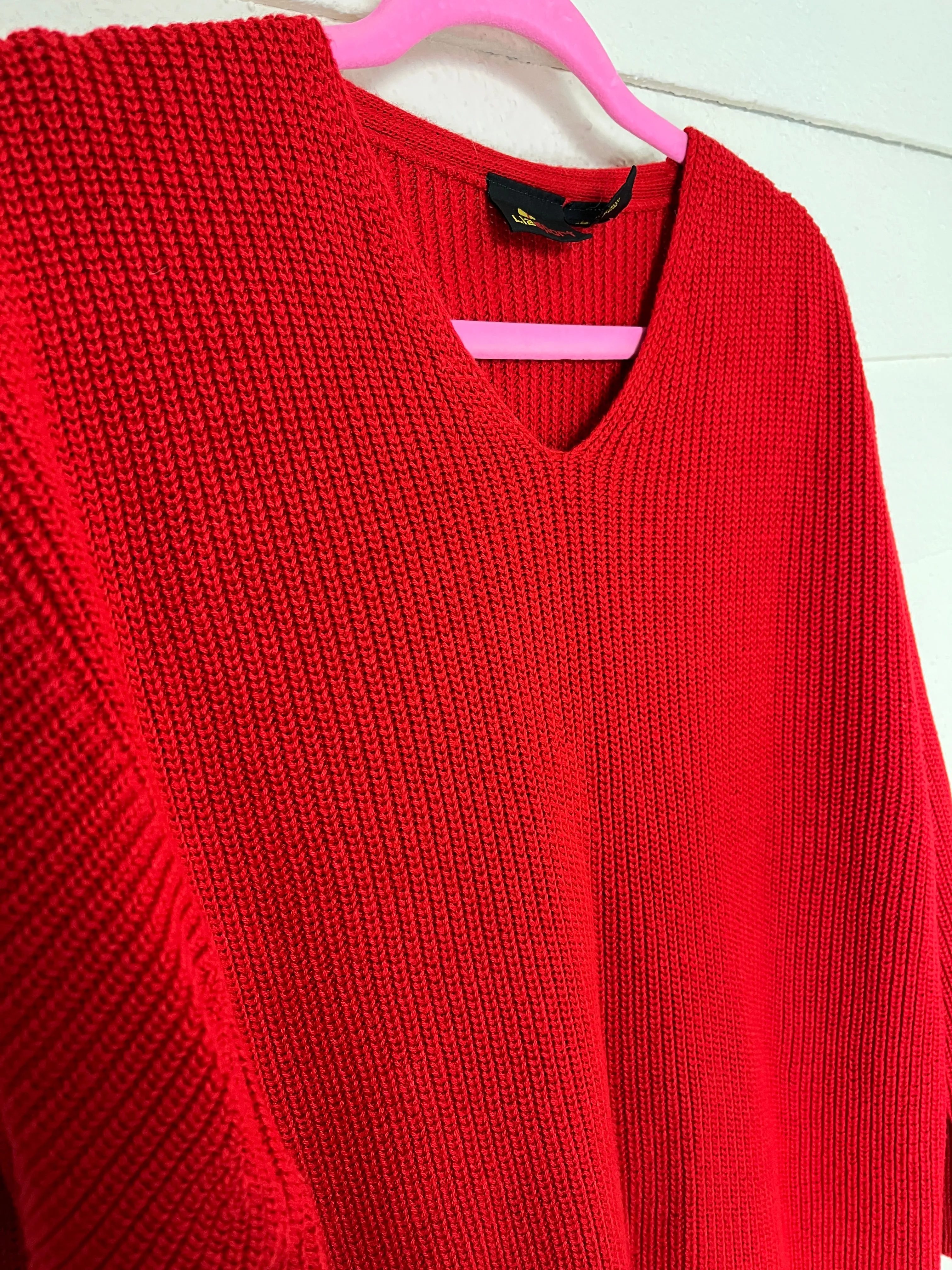 1990s LIZ SPORT CHERRY RED V NECK KNIT SWEATER WITH SIDE SLITS AND V NECK - size med to xl