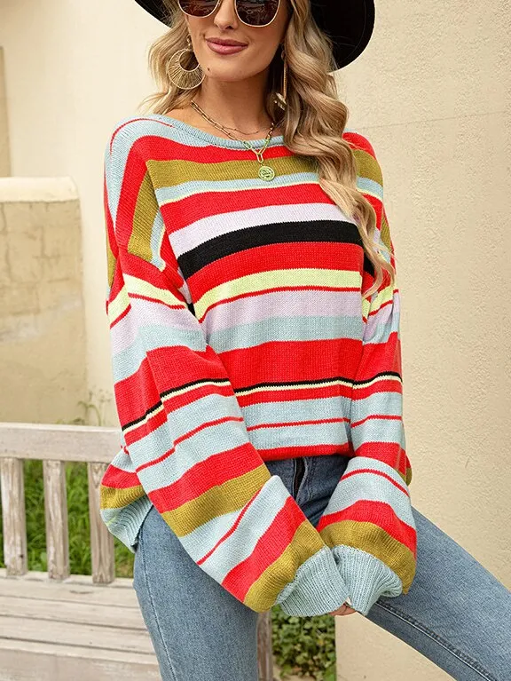 2022 Autumn Winter New Women's Striped Pullover Round Neck Loose Knit Sweater Casual Street Oversized Sweater Women Sweaters Top