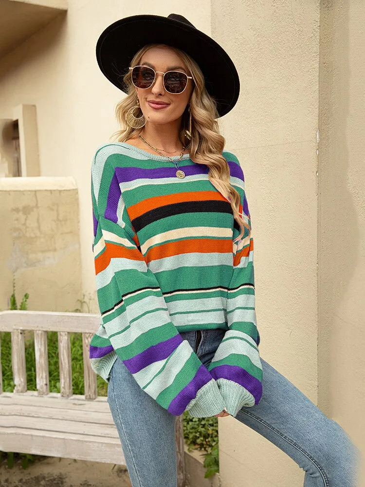 2022 Autumn Winter New Women's Striped Pullover Round Neck Loose Knit Sweater Casual Street Oversized Sweater Women Sweaters Top