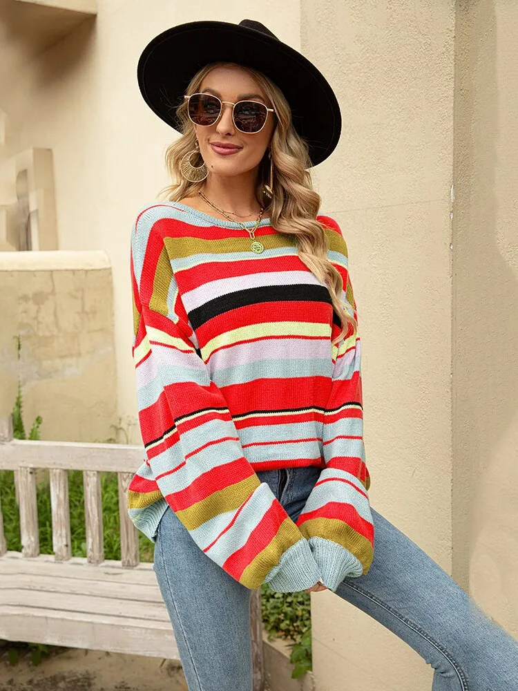 2022 Autumn Winter New Women's Striped Pullover Round Neck Loose Knit Sweater Casual Street Oversized Sweater Women Sweaters Top