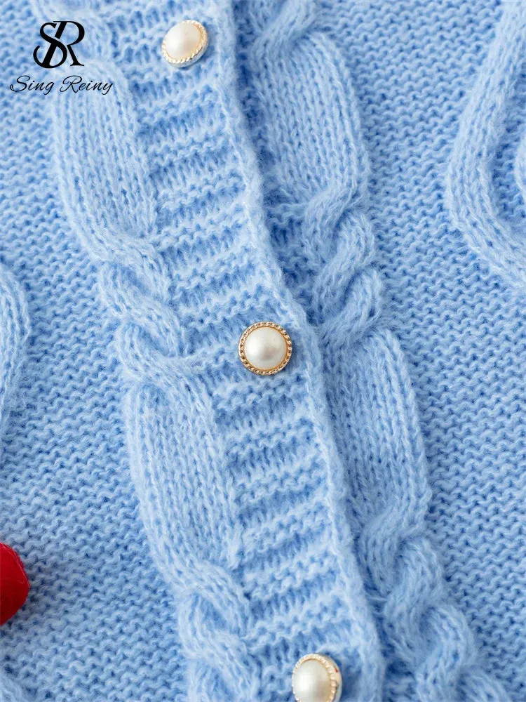 3D Cherry O-Neck Long Sleeves Pearl Button Knitwear Sweater