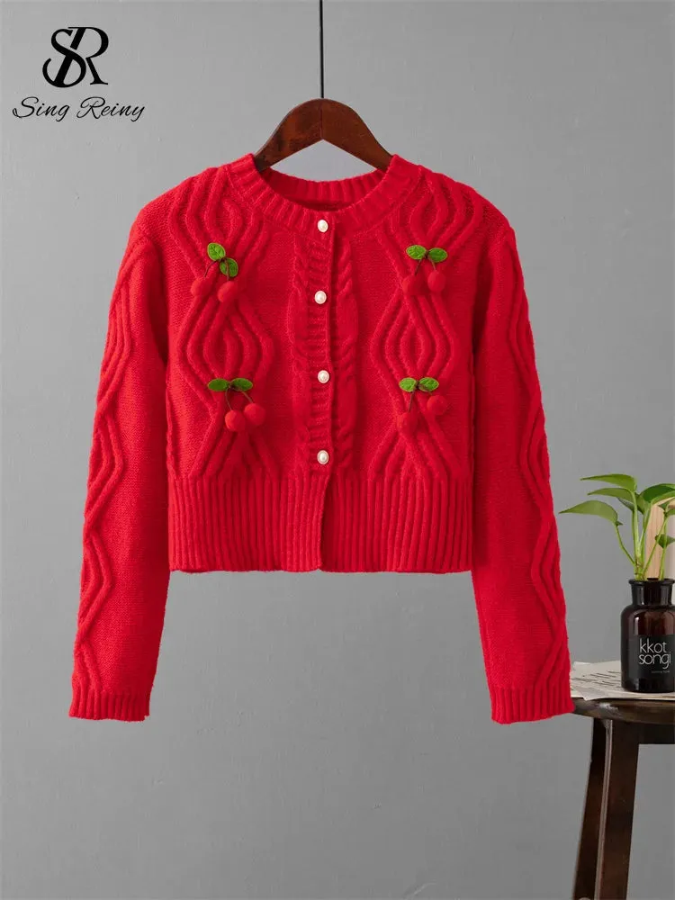 3D Cherry O-Neck Long Sleeves Pearl Button Knitwear Sweater