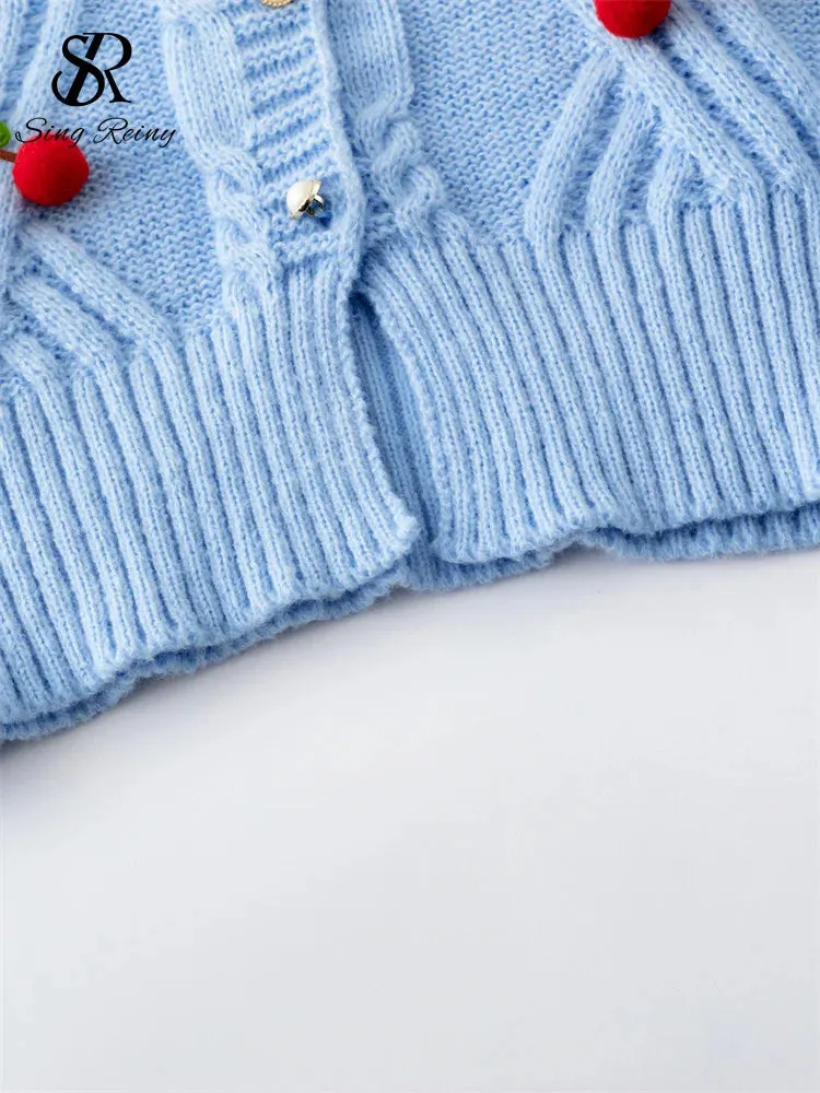 3D Cherry O-Neck Long Sleeves Pearl Button Knitwear Sweater