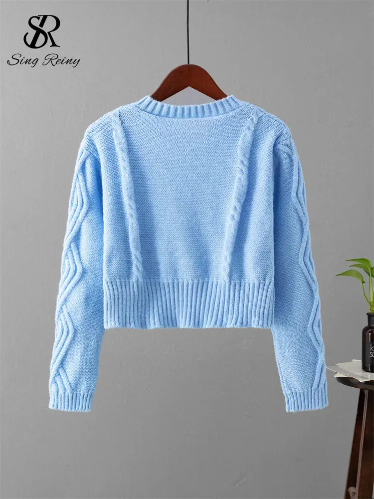 3D Cherry O-Neck Long Sleeves Pearl Button Knitwear Sweater