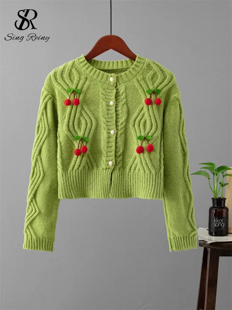 3D Cherry O-Neck Long Sleeves Pearl Button Knitwear Sweater