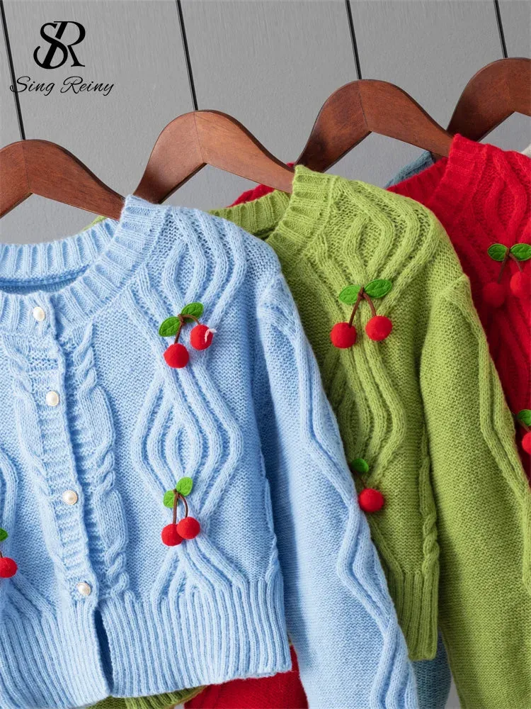 3D Cherry O-Neck Long Sleeves Pearl Button Knitwear Sweater