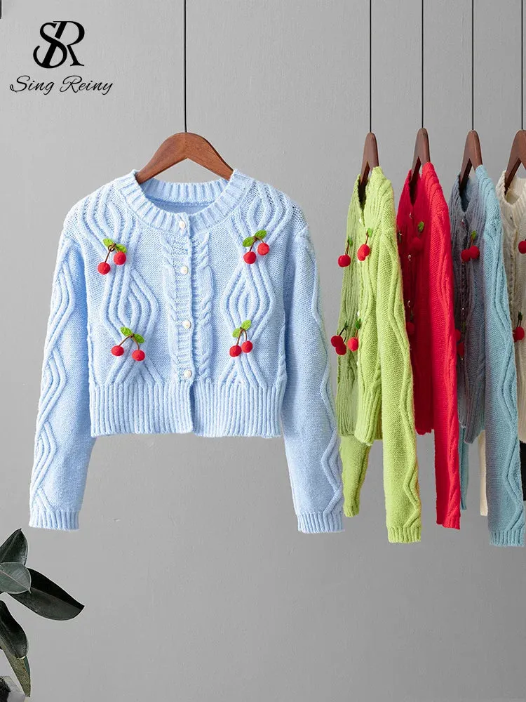 3D Cherry O-Neck Long Sleeves Pearl Button Knitwear Sweater