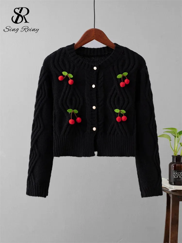 3D Cherry O-Neck Long Sleeves Pearl Button Knitwear Sweater