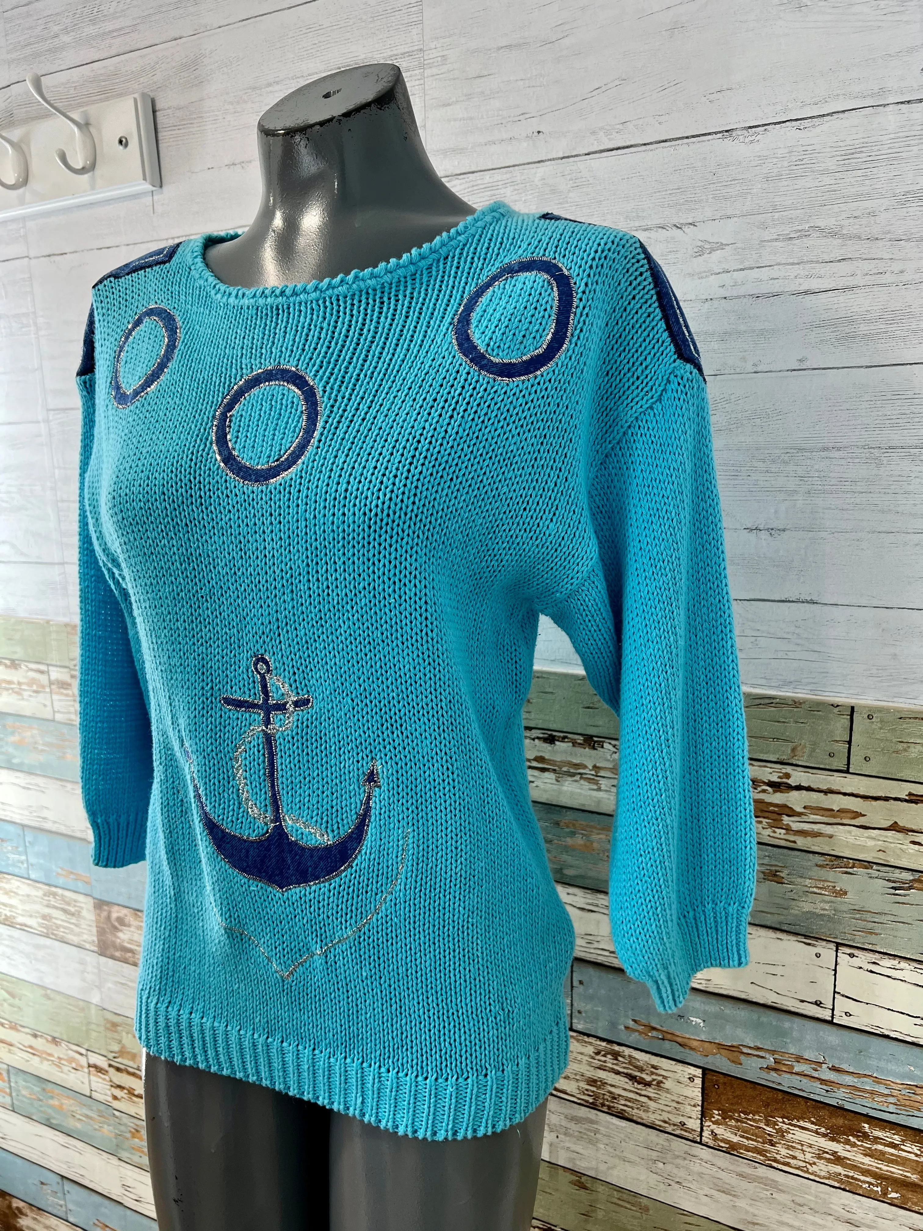 90s Nautical Knit Sweater With Denim Details patch