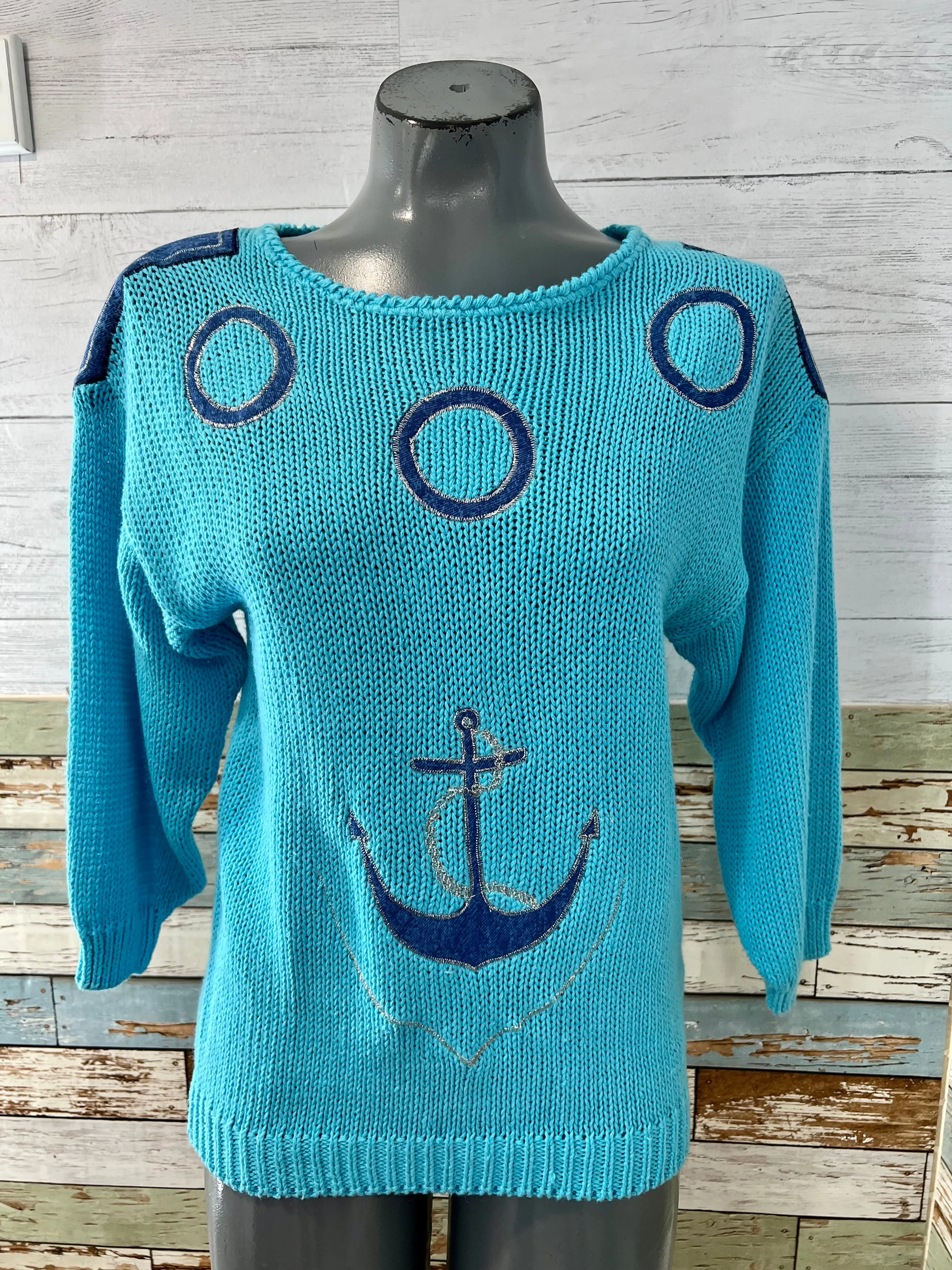 90s Nautical Knit Sweater With Denim Details patch