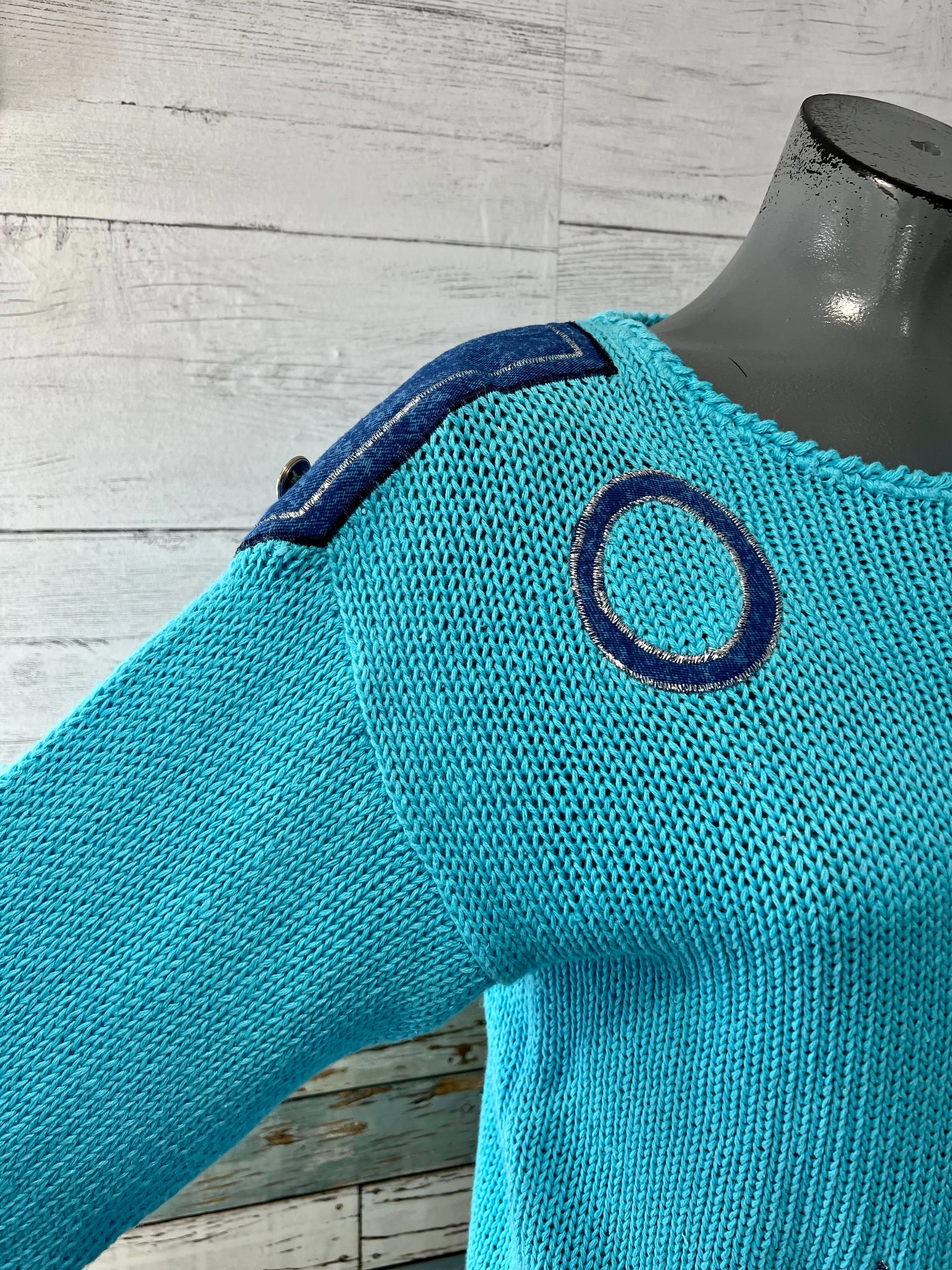 90s Nautical Knit Sweater With Denim Details patch