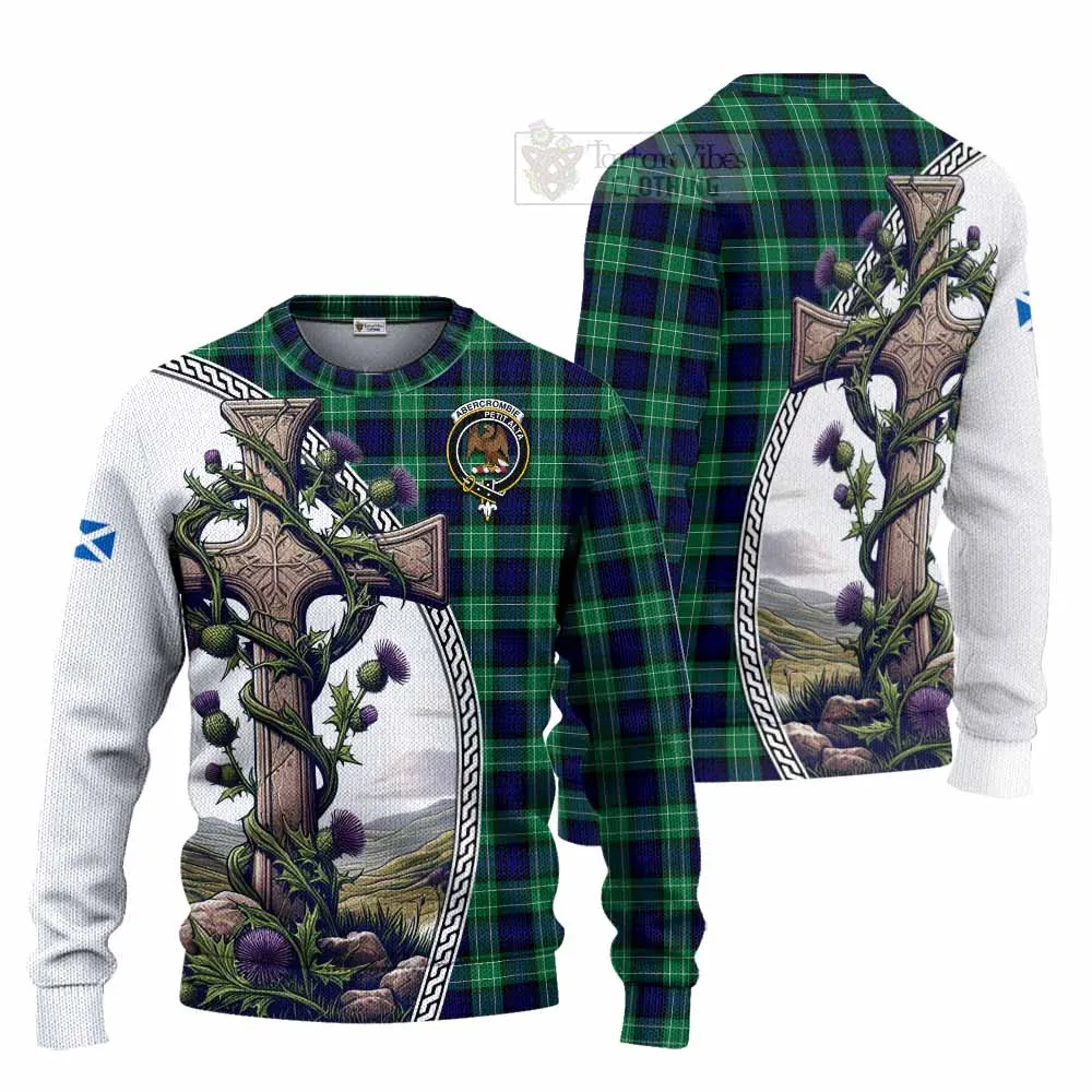 Abercrombie Tartan Knitted Sweater with Family Crest and St. Andrew's Cross Accented by Thistle Vines