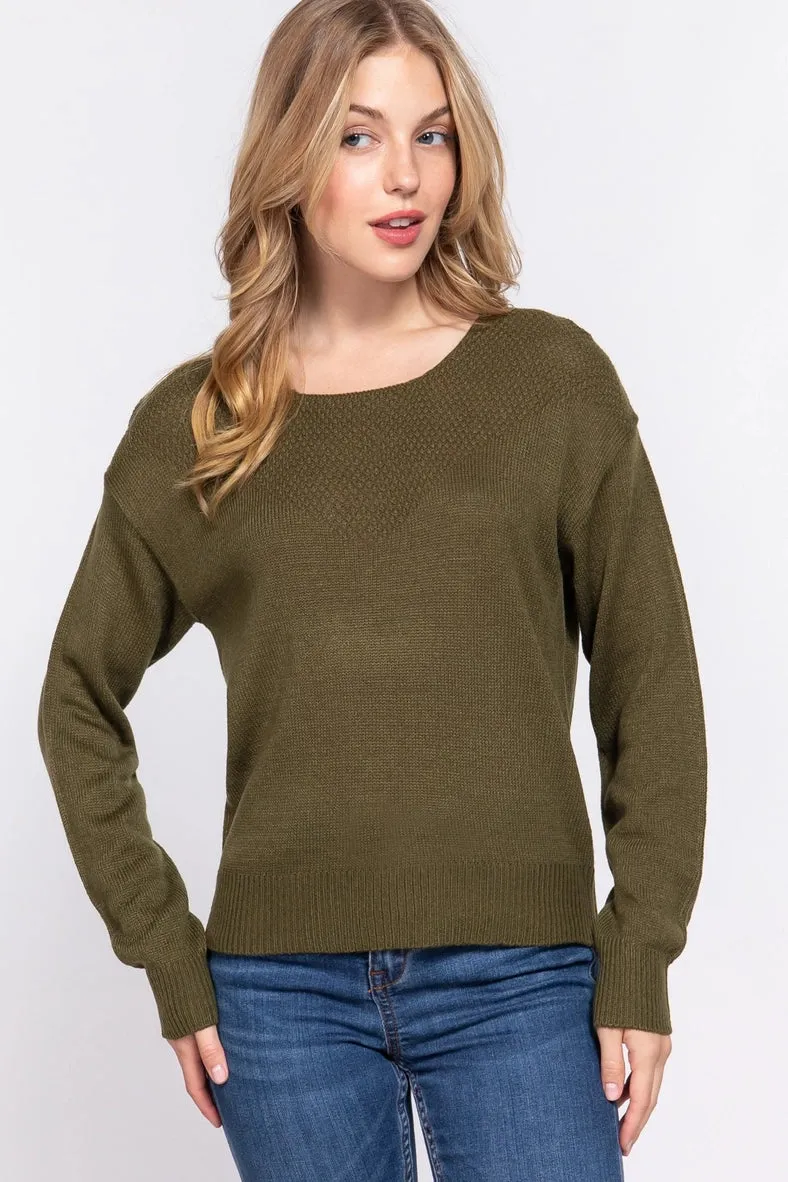 Active Basic Long Sleeve Round Neck Waffle Detail Sweater