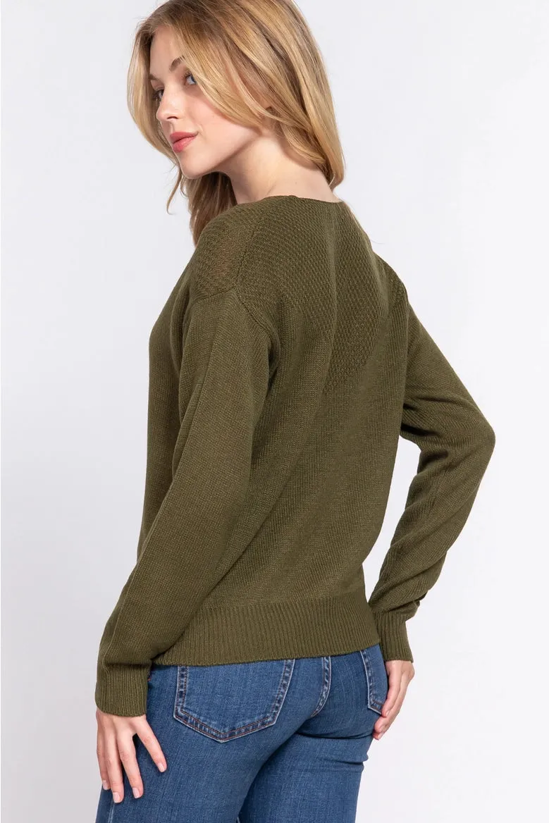 Active Basic Long Sleeve Round Neck Waffle Detail Sweater