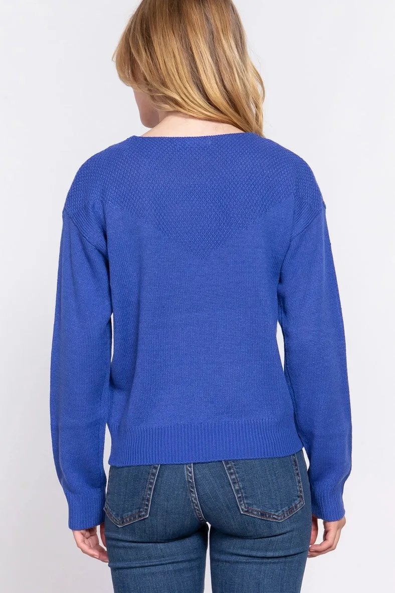 Active Basic Long Sleeve Round Neck Waffle Detail Sweater