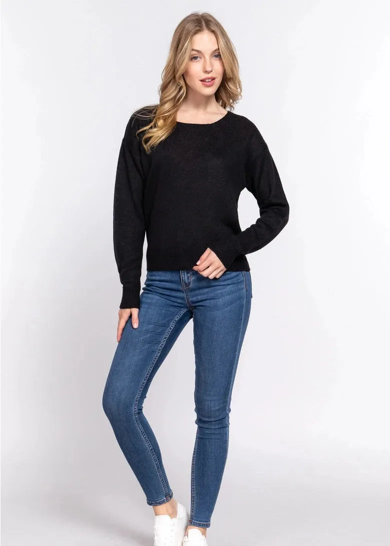 Active Basic Long Sleeve Round Neck Waffle Detail Sweater