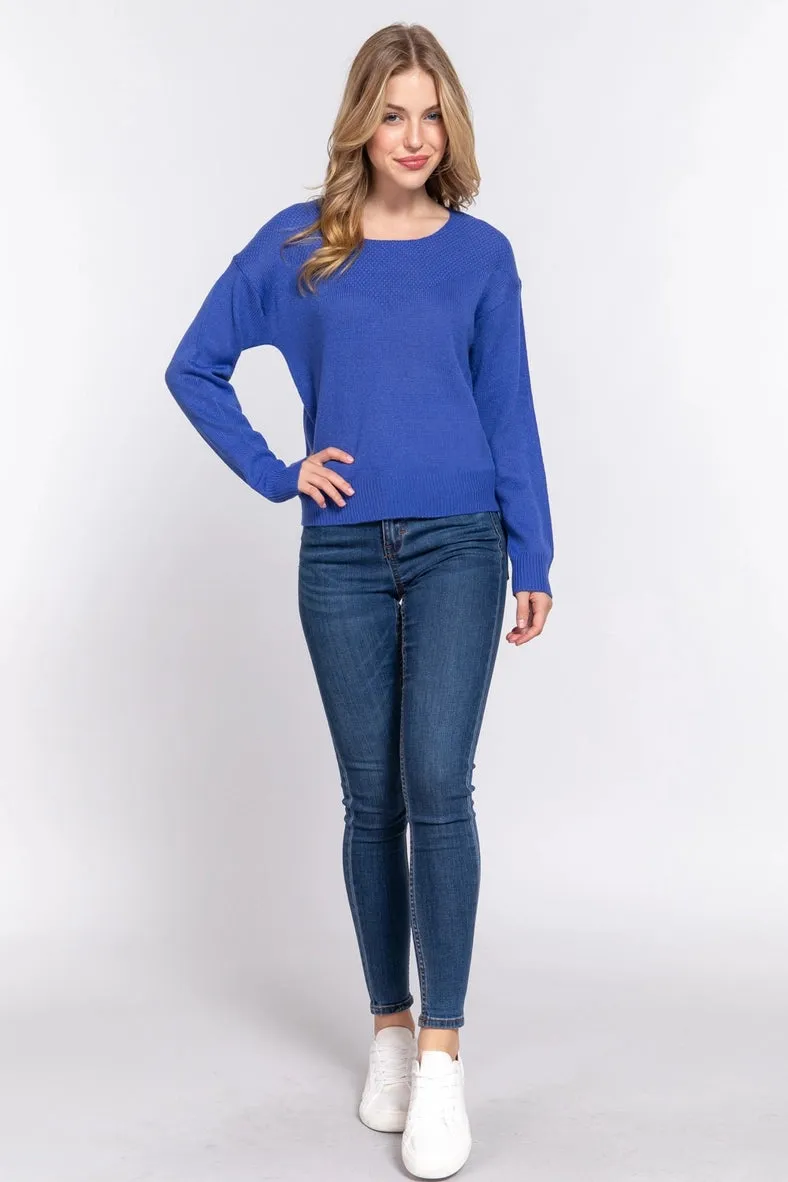 Active Basic Long Sleeve Round Neck Waffle Detail Sweater