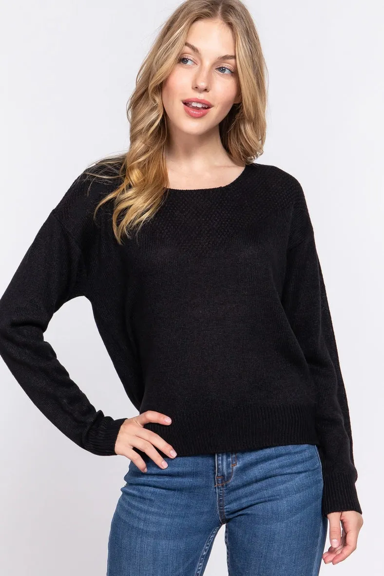 Active Basic Long Sleeve Round Neck Waffle Detail Sweater