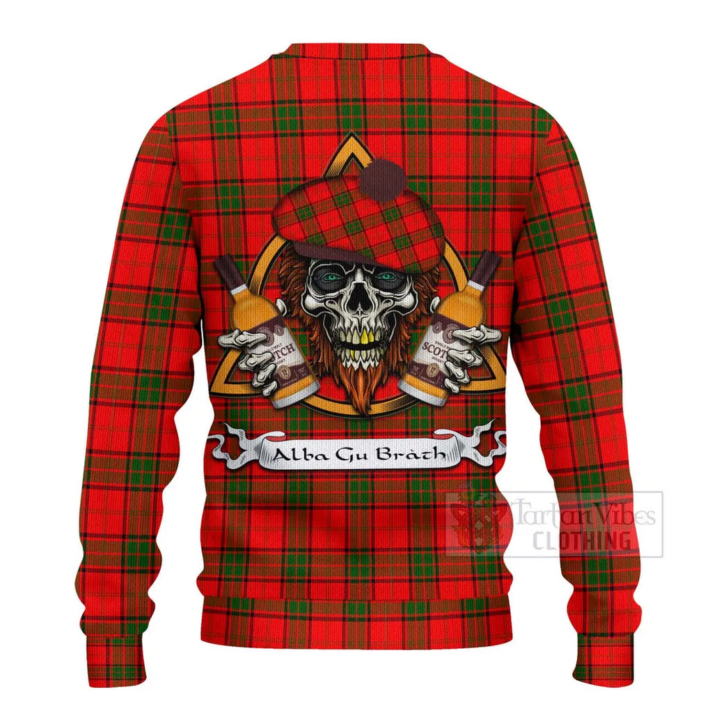 Adair Tartan Ugly Sweater with Family Crest and Bearded Skull Holding Bottles of Whiskey