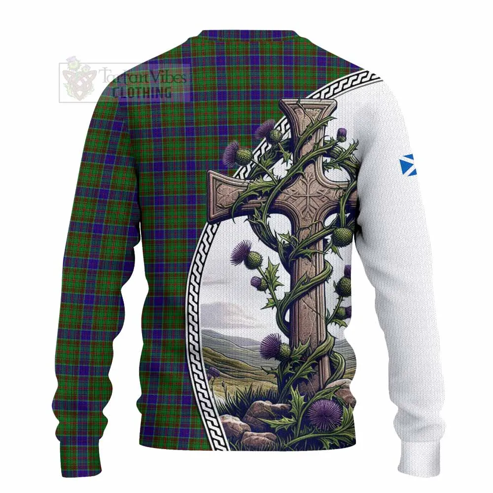 Adam Tartan Knitted Sweater with Family Crest and St. Andrew's Cross Accented by Thistle Vines