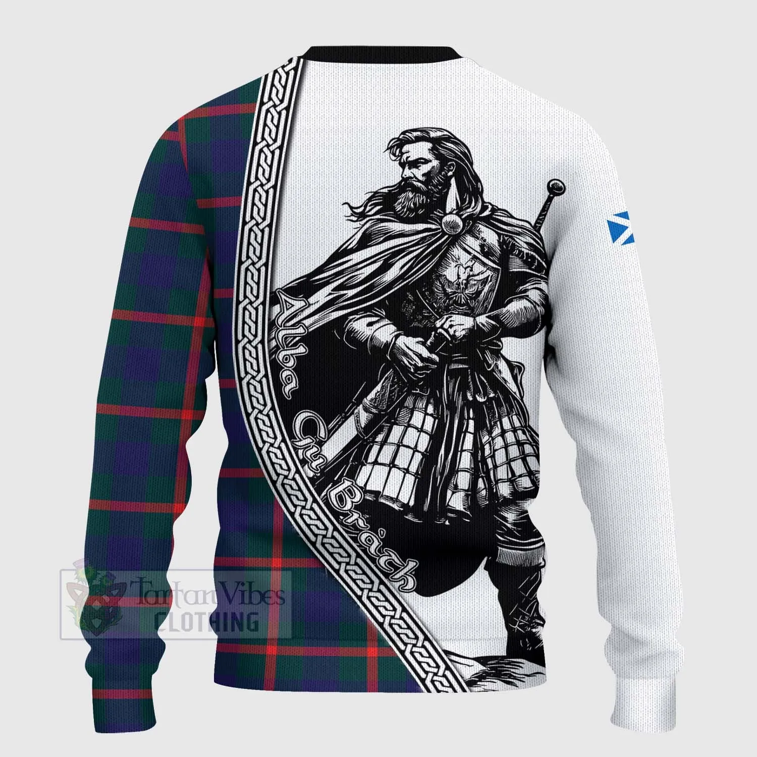 Agnew Tartan Clan Crest Knitted Sweater with Highlander Warrior Celtic Style