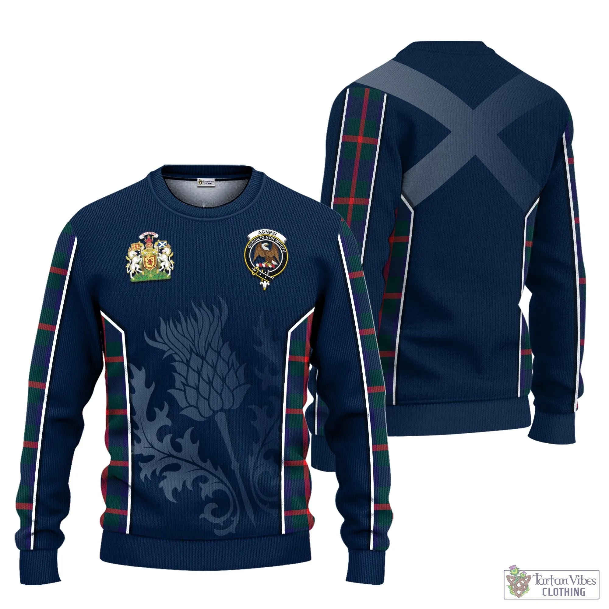 Agnew Tartan Knitted Sweatshirt with Family Crest and Scottish Thistle Vibes Sport Style