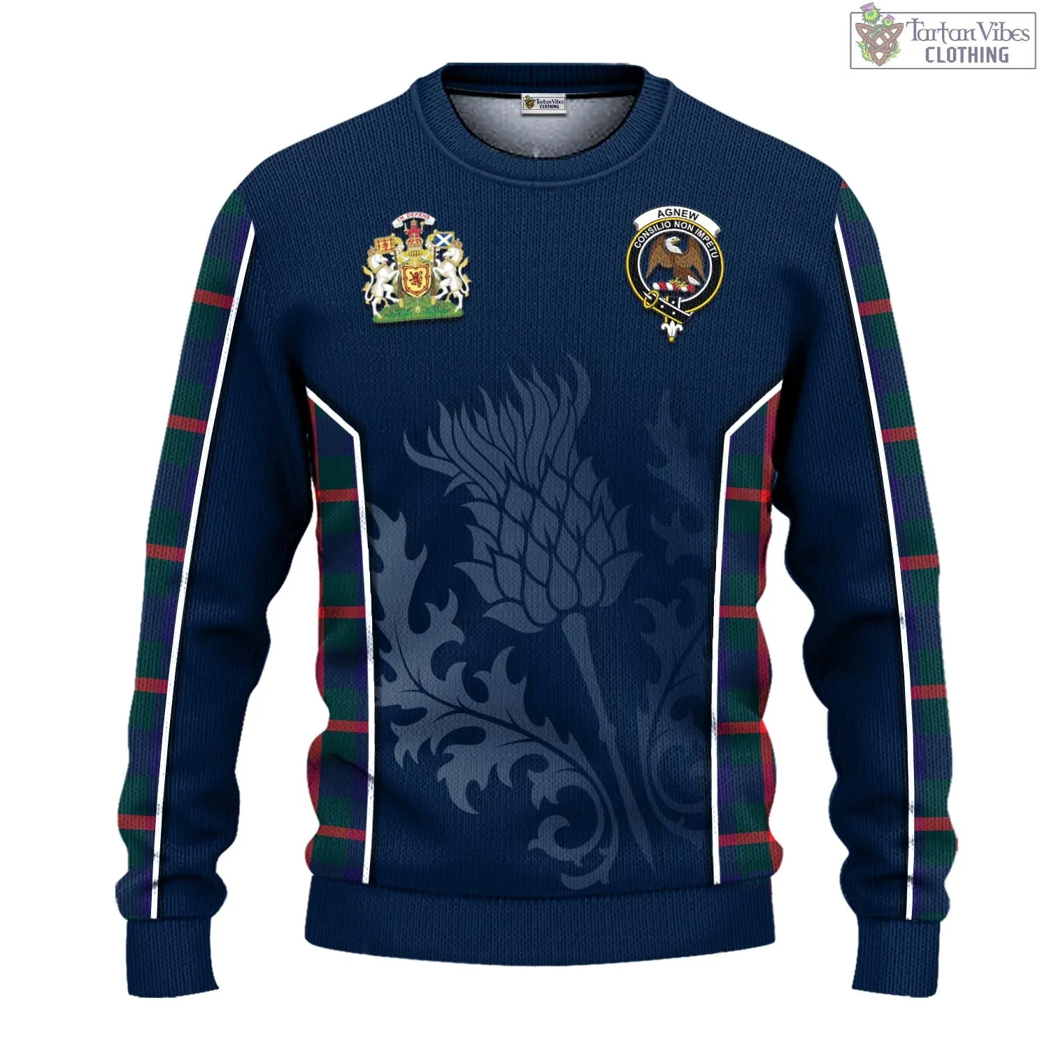 Agnew Tartan Knitted Sweatshirt with Family Crest and Scottish Thistle Vibes Sport Style