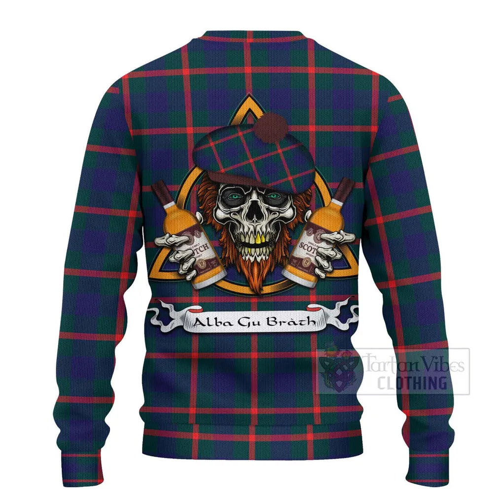 Agnew Tartan Ugly Sweater with Family Crest and Bearded Skull Holding Bottles of Whiskey