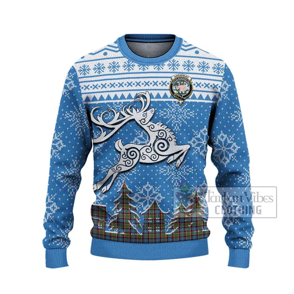 Aikenhead Clan Christmas Ugly Sweater with Tartan and Celtic Reindeer Style