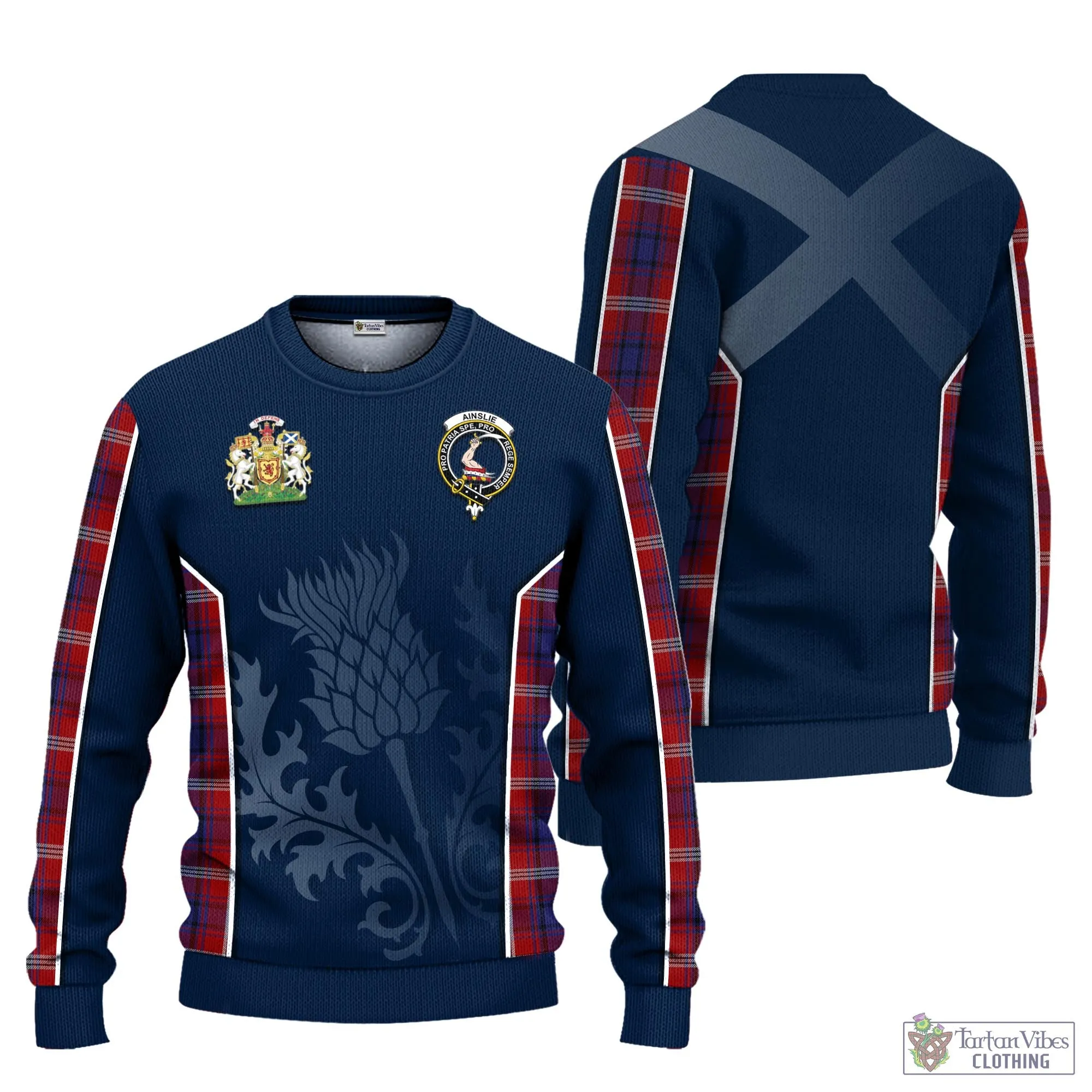 Ainslie Tartan Knitted Sweatshirt with Family Crest and Scottish Thistle Vibes Sport Style