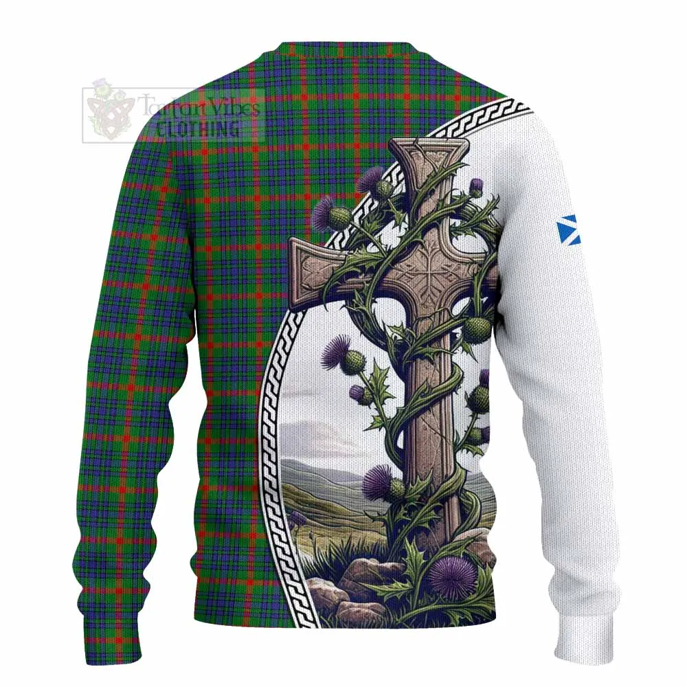 Aiton Tartan Knitted Sweater with Family Crest and St. Andrew's Cross Accented by Thistle Vines