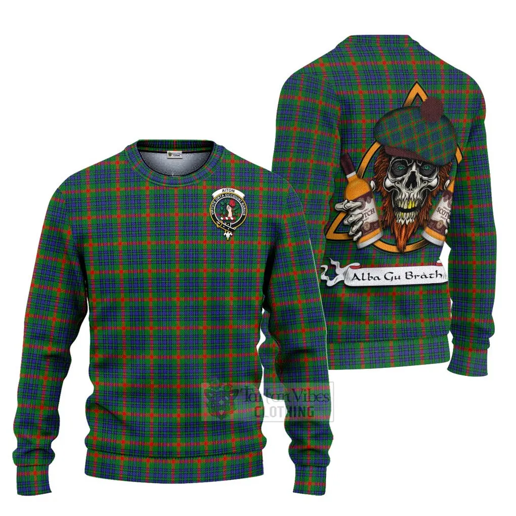 Aiton Tartan Ugly Sweater with Family Crest and Bearded Skull Holding Bottles of Whiskey