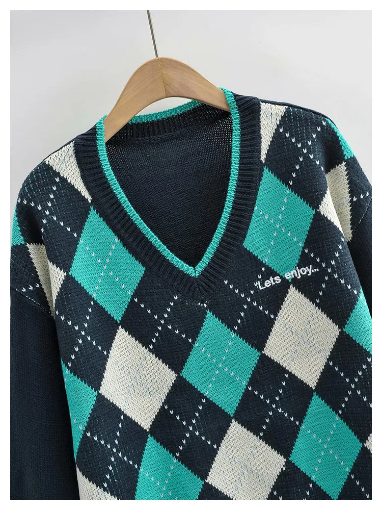 American Vintage diamond check V-Neck Sweater  7297