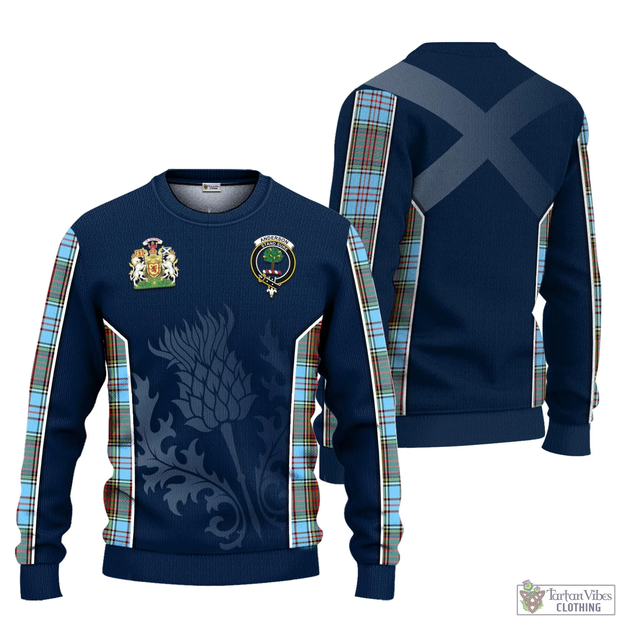 Anderson Ancient Tartan Knitted Sweatshirt with Family Crest and Scottish Thistle Vibes Sport Style