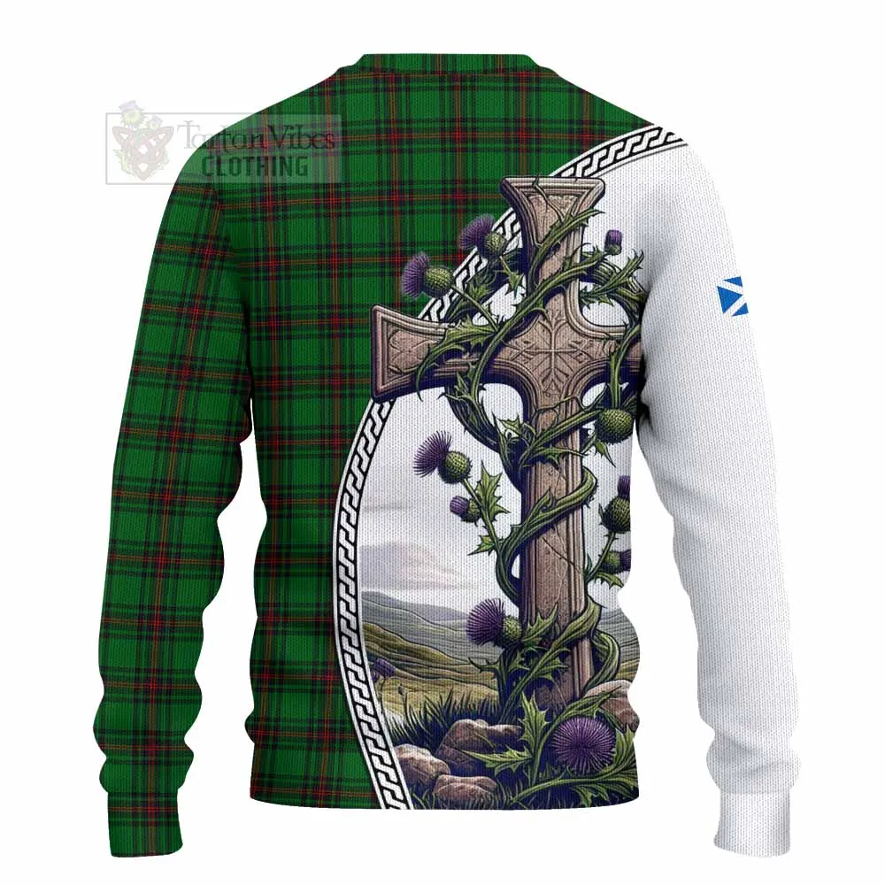 Anstruther Tartan Knitted Sweater with Family Crest and St. Andrew's Cross Accented by Thistle Vines