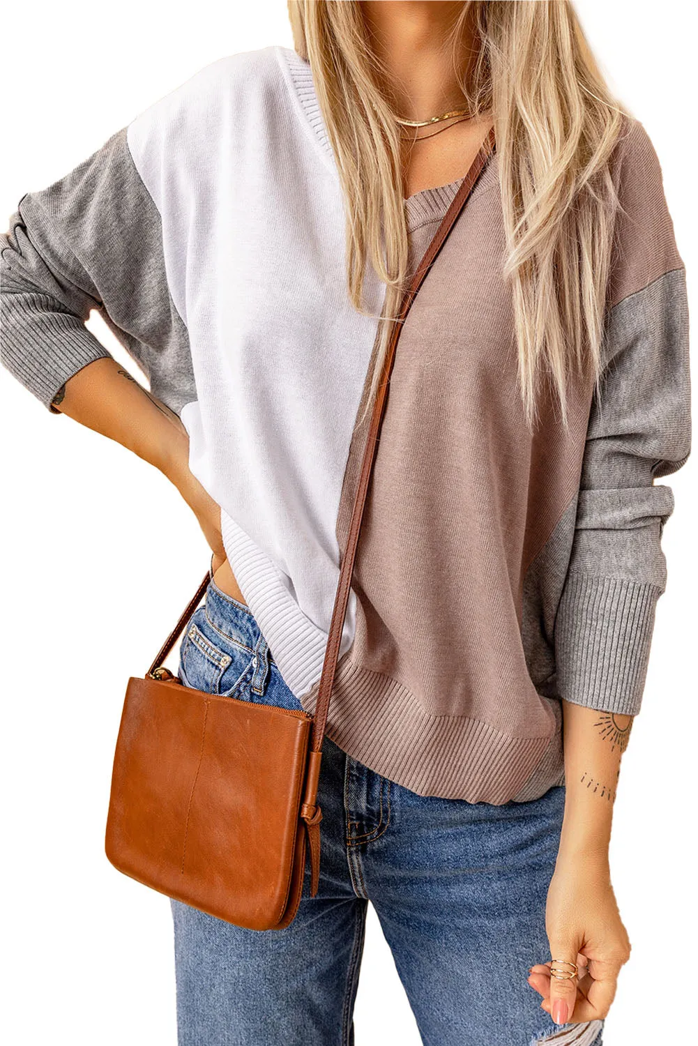 Apricot V-Neck Color Block Loose Sweater