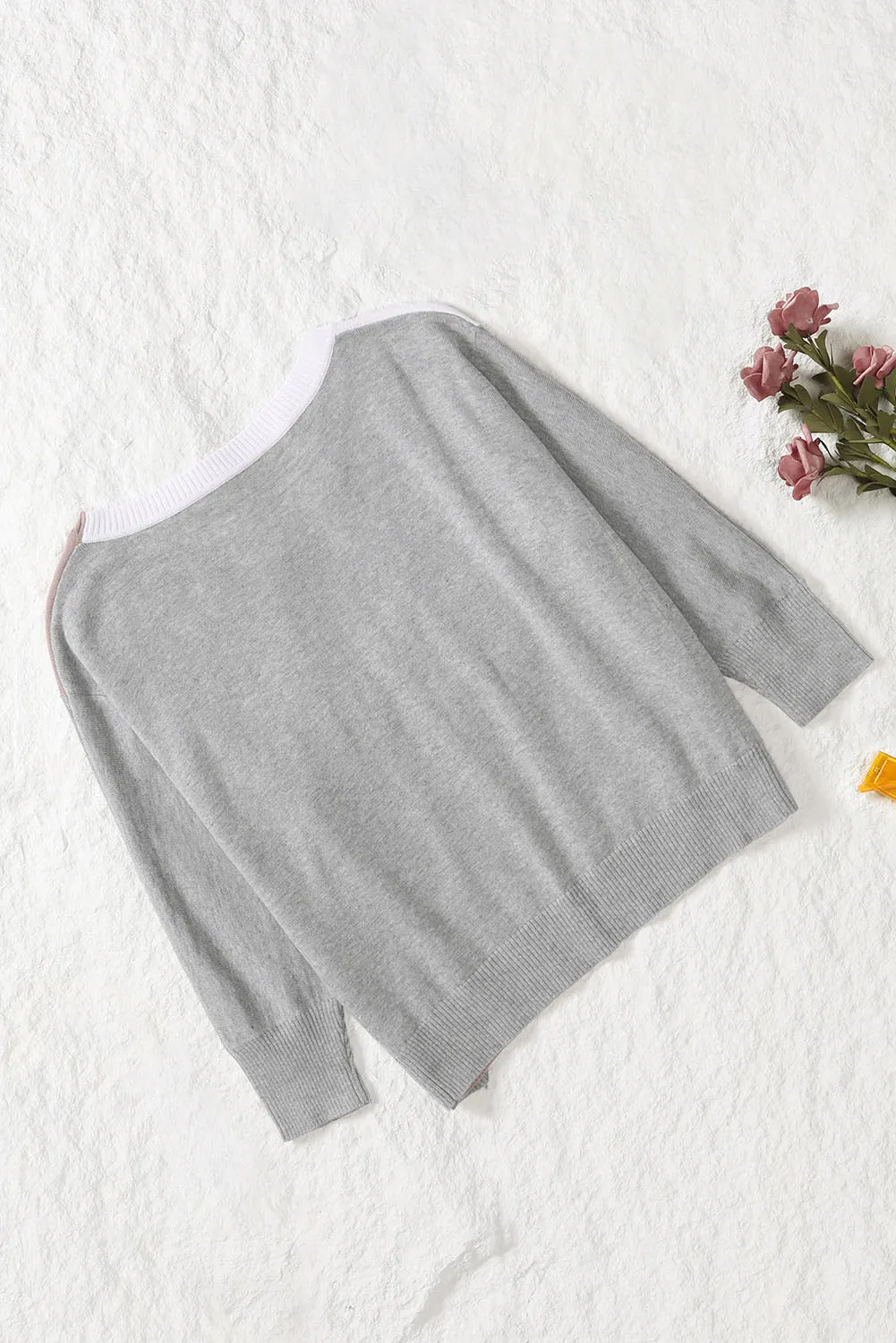 Apricot V-Neck Color Block Loose Sweater