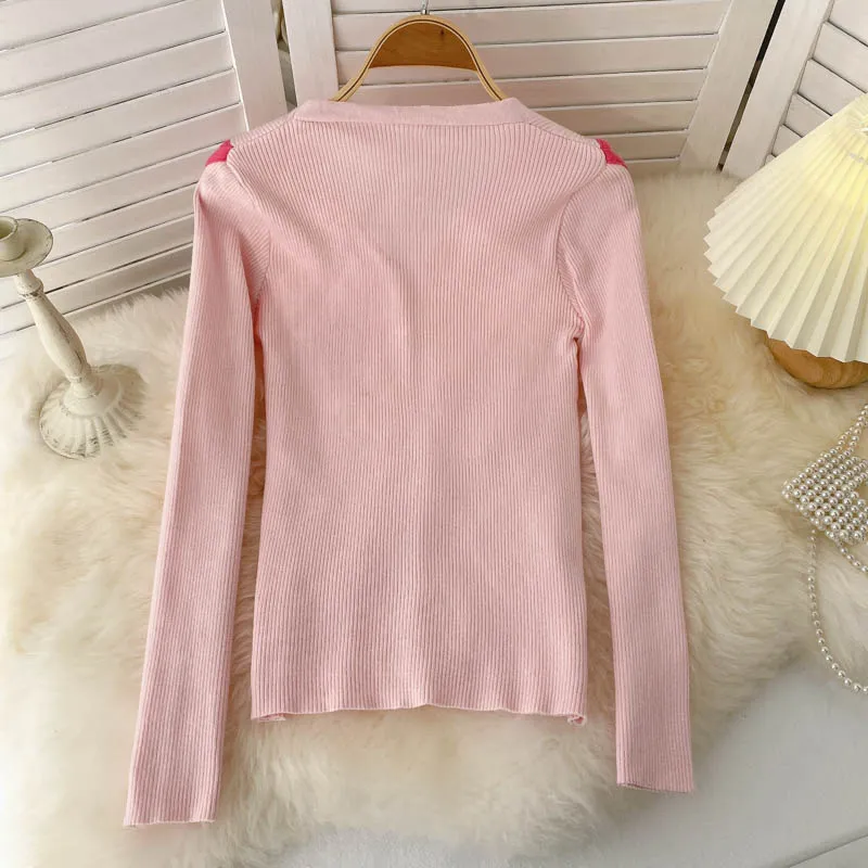 Autumn V-neck slim fit contrast color temperament sweater  1585