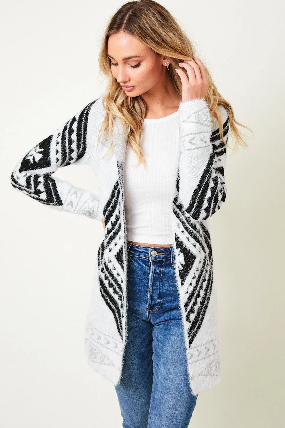 Aztec Pattern Hooded Fluffy Yarn Sweater Long Sleeve Open Front Cardigan