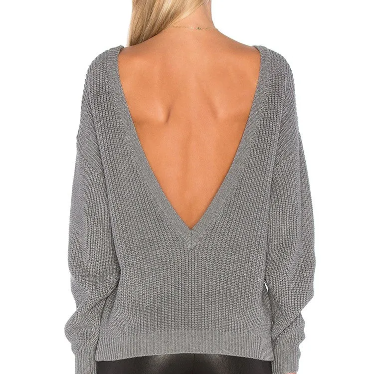 Backless Deep V-Neck Loose Long Sleeve Sweaters