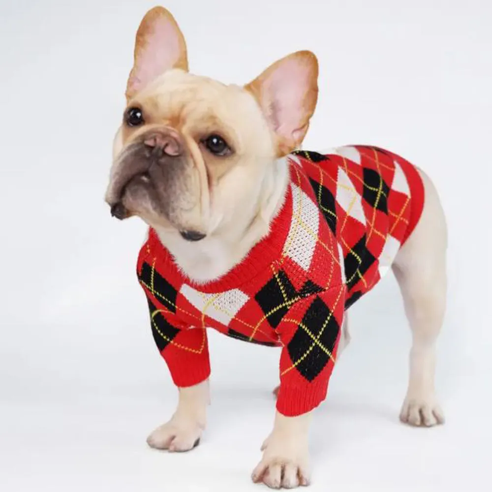 BarkBerry Frenchie Adorable Red Plaid Knitted Sweater