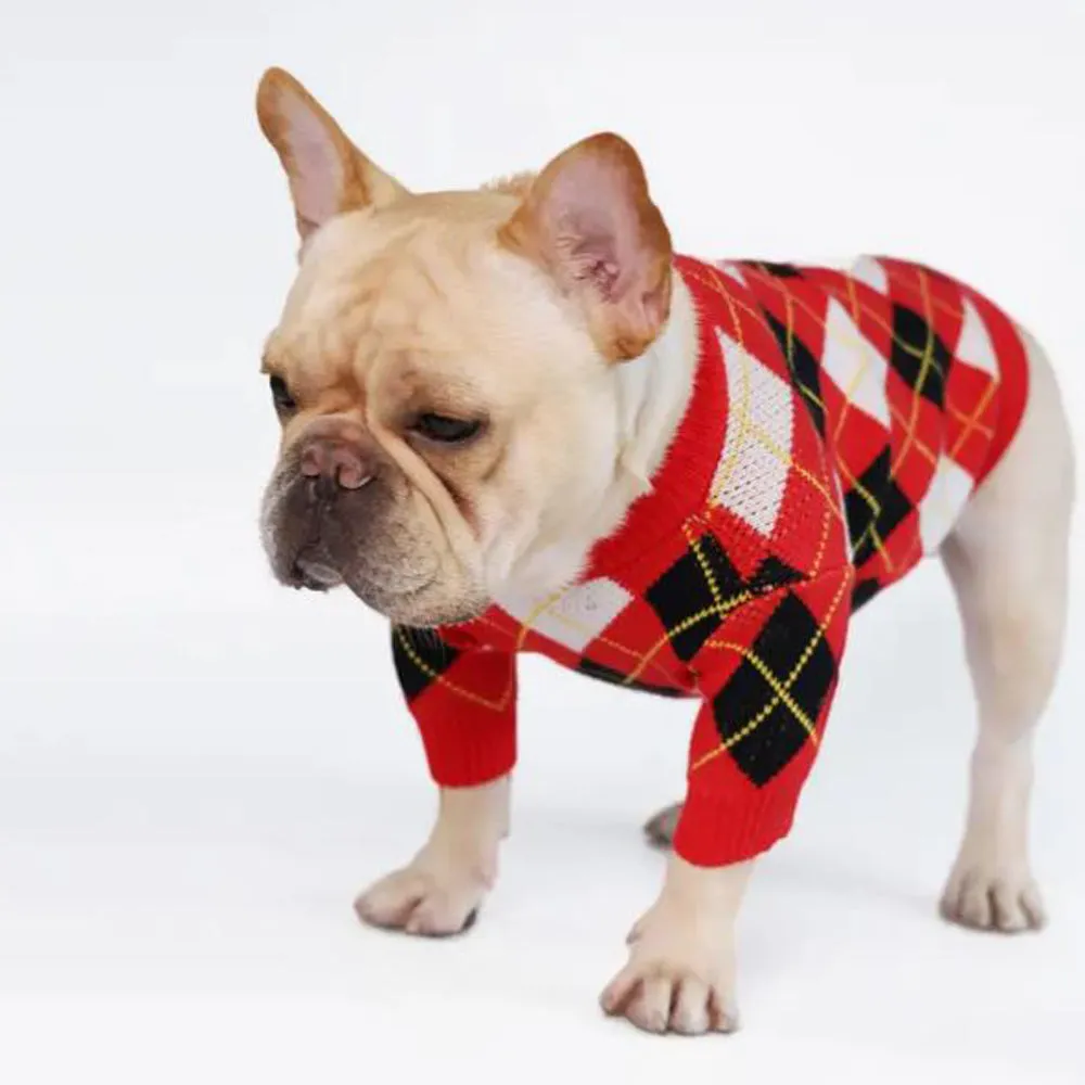 BarkBerry Frenchie Adorable Red Plaid Knitted Sweater