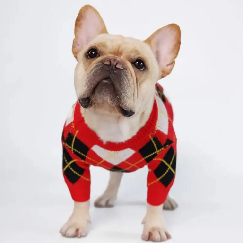 BarkBerry Frenchie Adorable Red Plaid Knitted Sweater