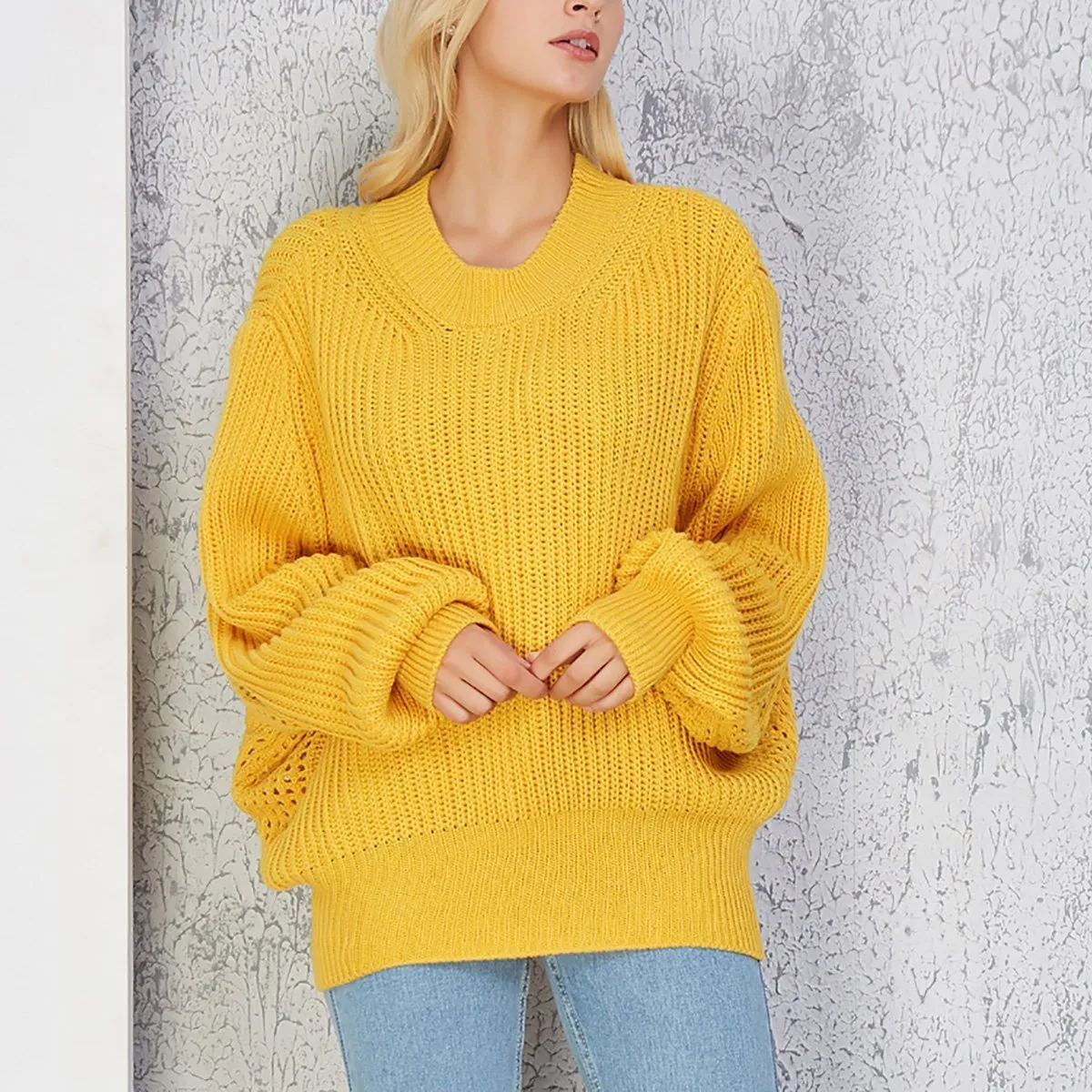 Bat Sleeve Round Neck Hollow Out Plain Knitting Sweater