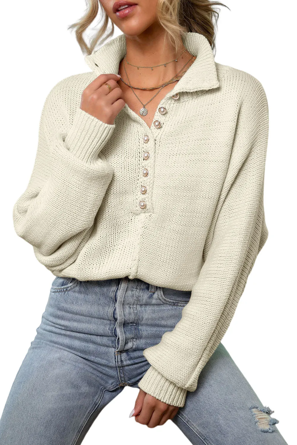 Beige Stand Collar Dolman Sleeve Sweater with Pearl Buttons