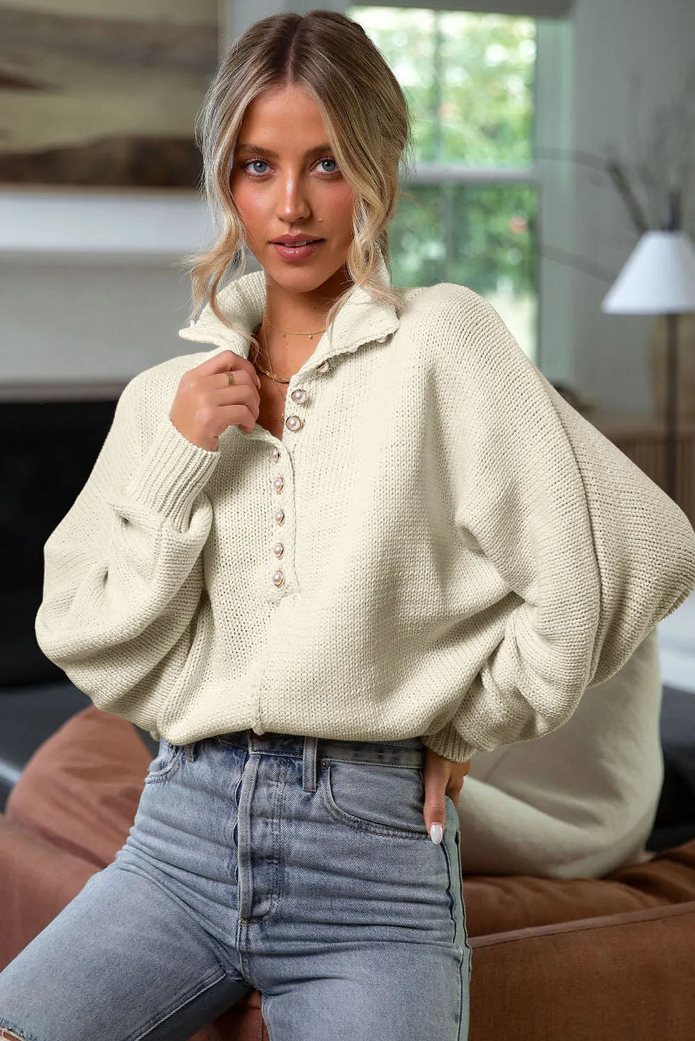 Beige Stand Collar Dolman Sleeve Sweater with Pearl Buttons