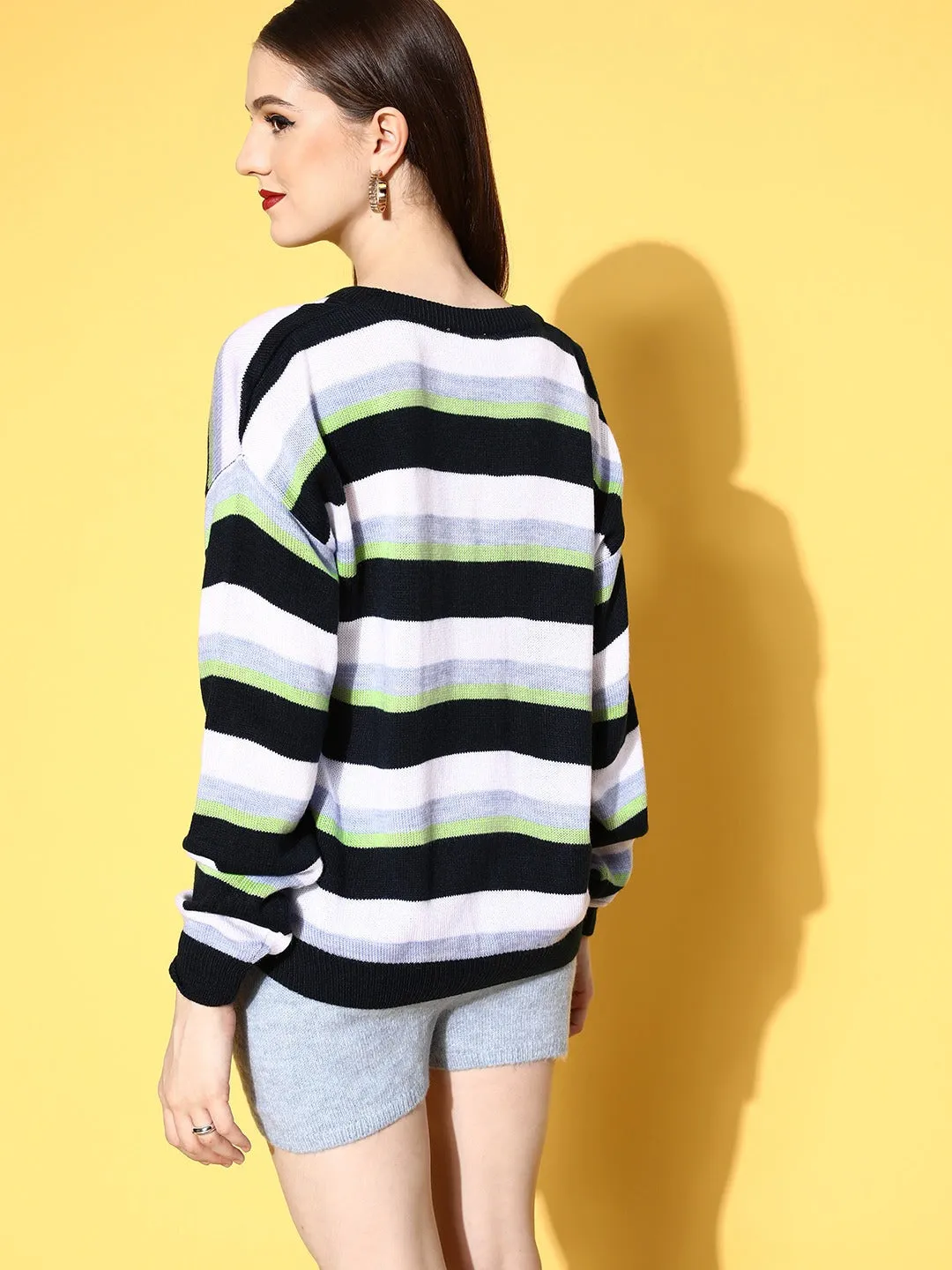 Berrylush Women Multicolour Striped Pattern V-Neck Acrylic Straight Hem Pullover Sweater