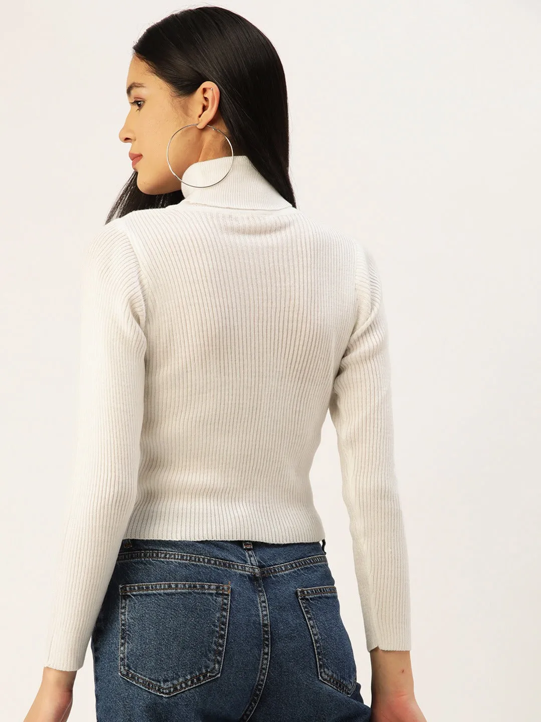 Berrylush Women Solid White Turtle Neck Acrylic Ribbed Hem Regular Sweater