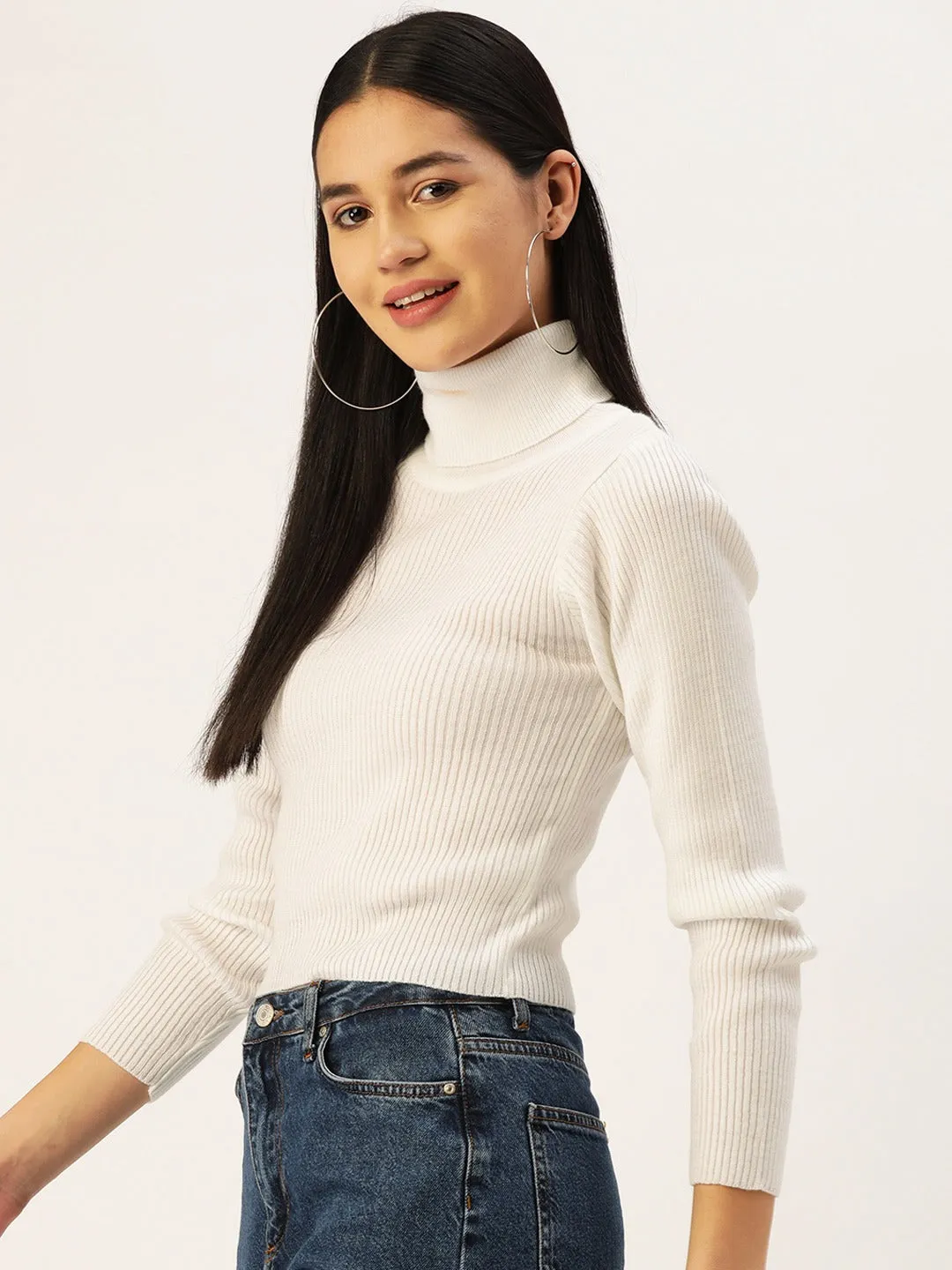 Berrylush Women Solid White Turtle Neck Acrylic Ribbed Hem Regular Sweater